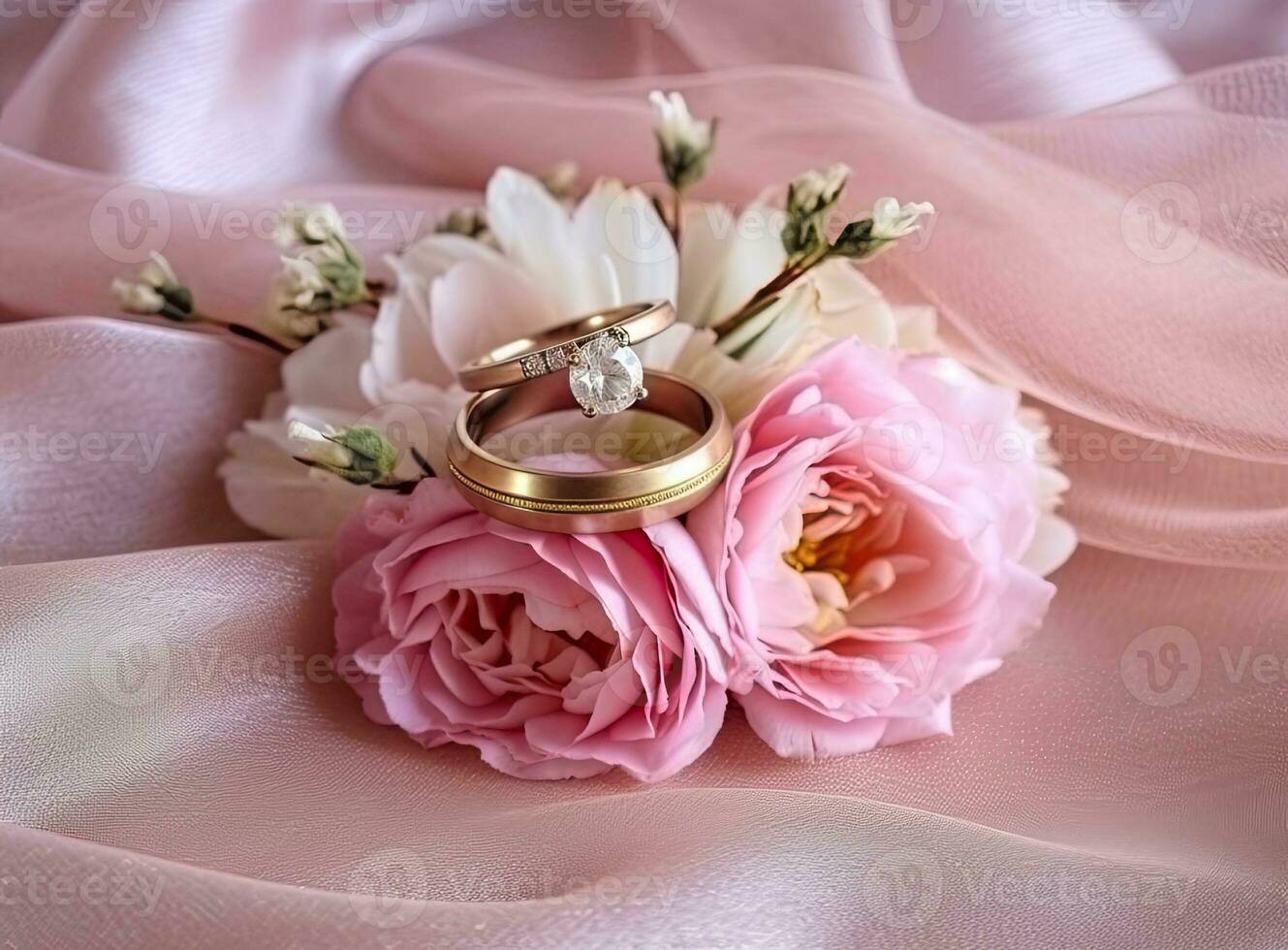 wedding rings and boutonniere lie on the veil next to the bride's bouquet. Created with Generative AI technology. photo