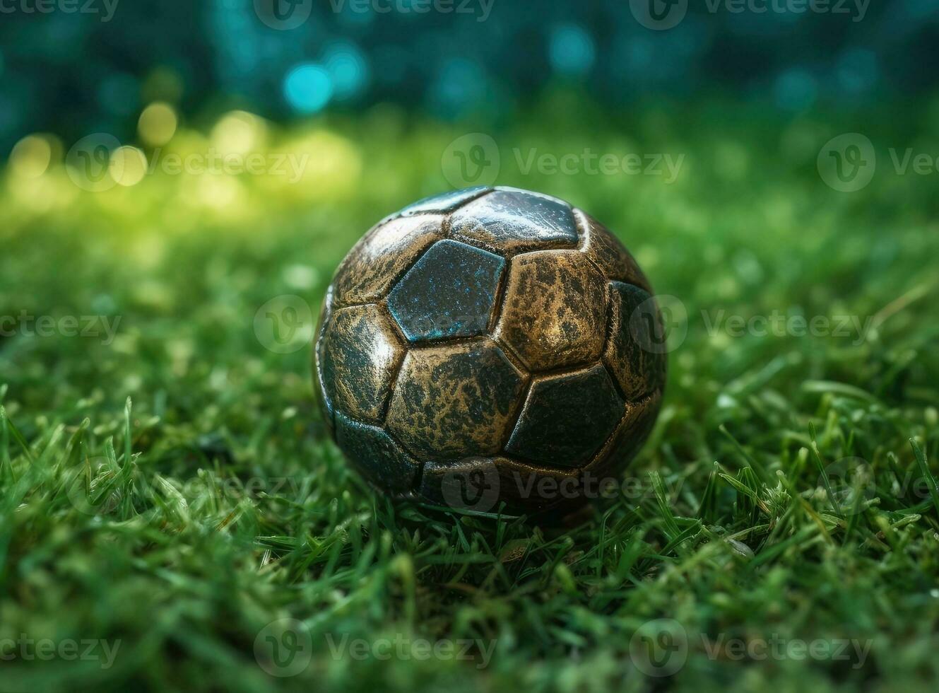 Trophy of the FIFA World Cup on the green grass of the football field. Created with Generative AI technology. photo