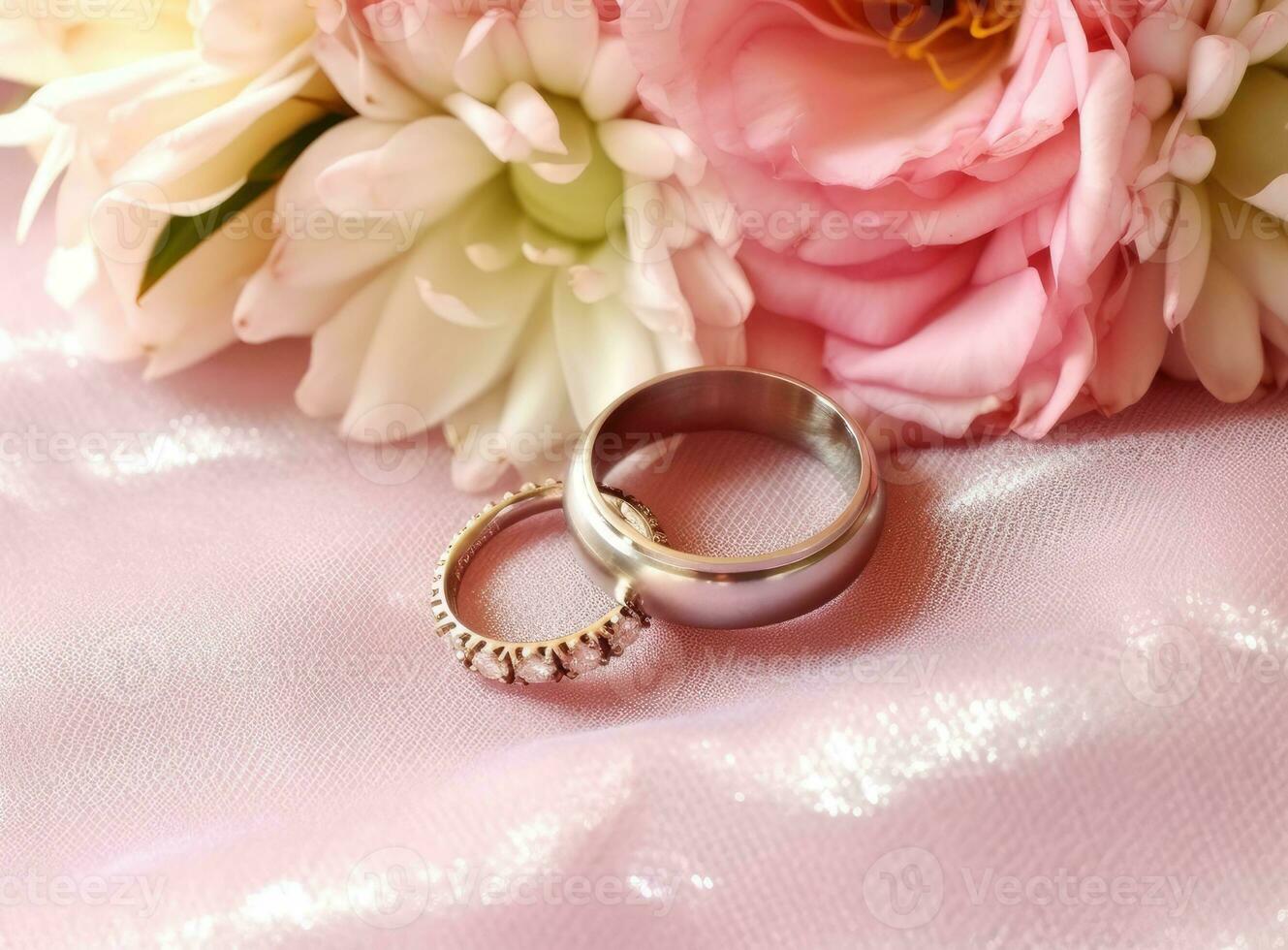 wedding rings and boutonniere lie on the veil next to the bride's bouquet. Created with Generative AI technology. photo