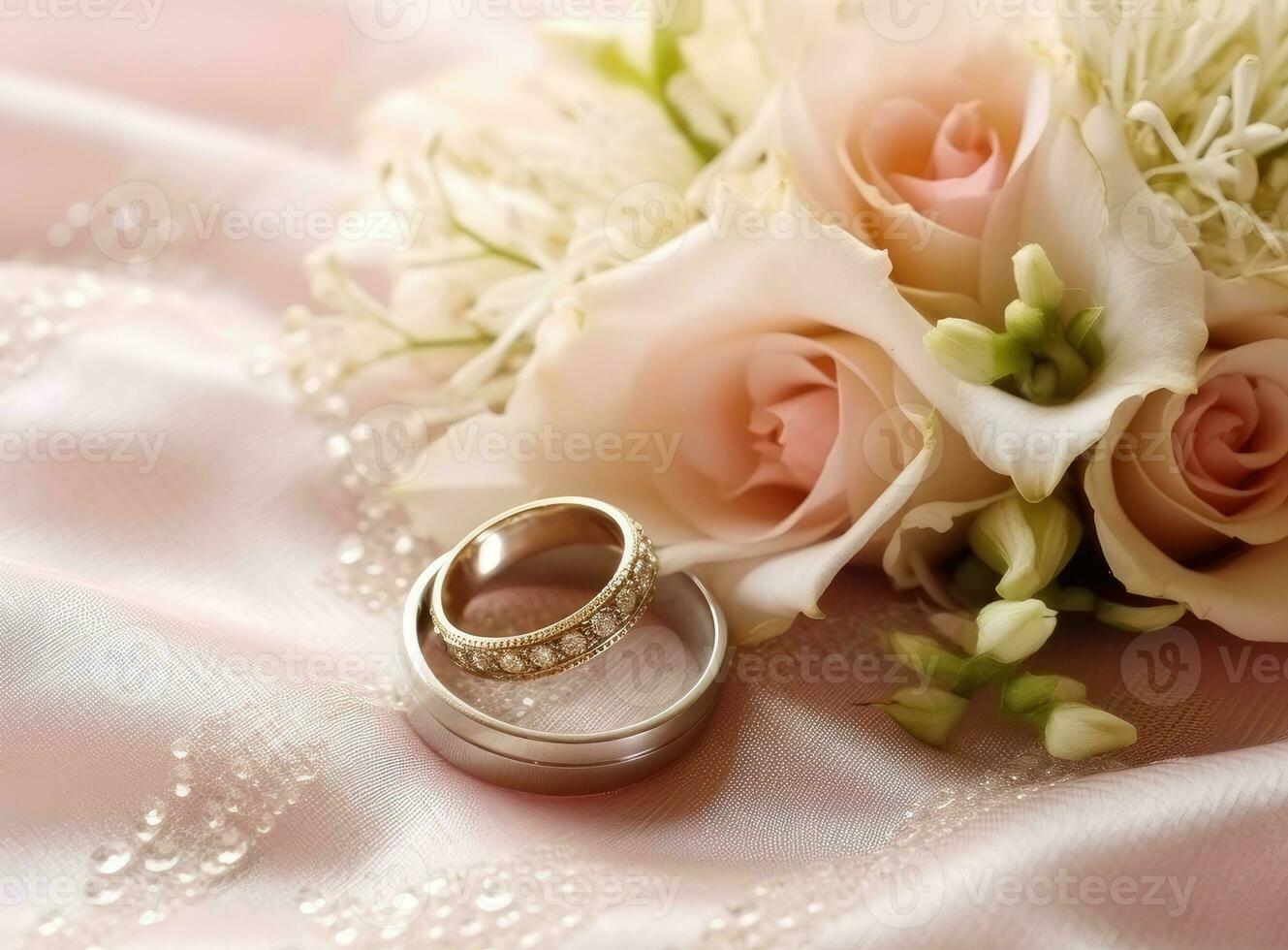 wedding rings and boutonniere lie on the veil next to the bride's bouquet. Created with Generative AI technology. photo