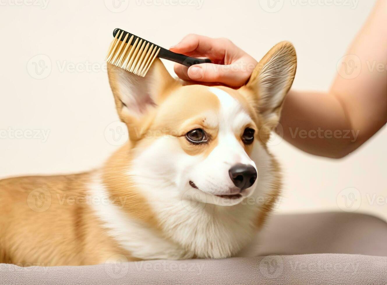 Owner brushing cute dog on light background. Created with Generative AI technology. photo