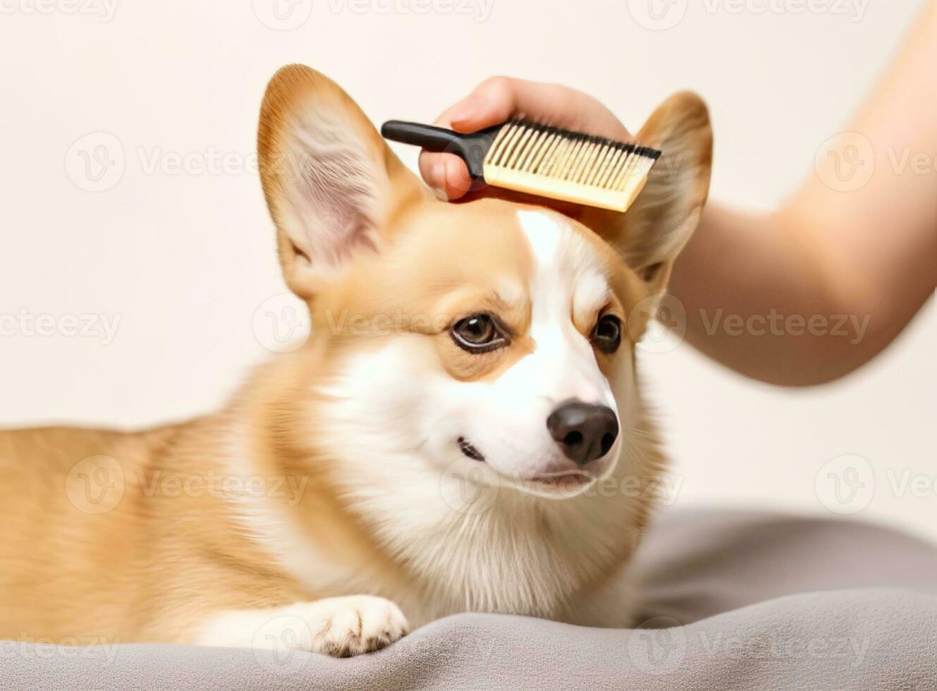 Owner brushing cute dog on light background. Created with Generative AI technology. photo