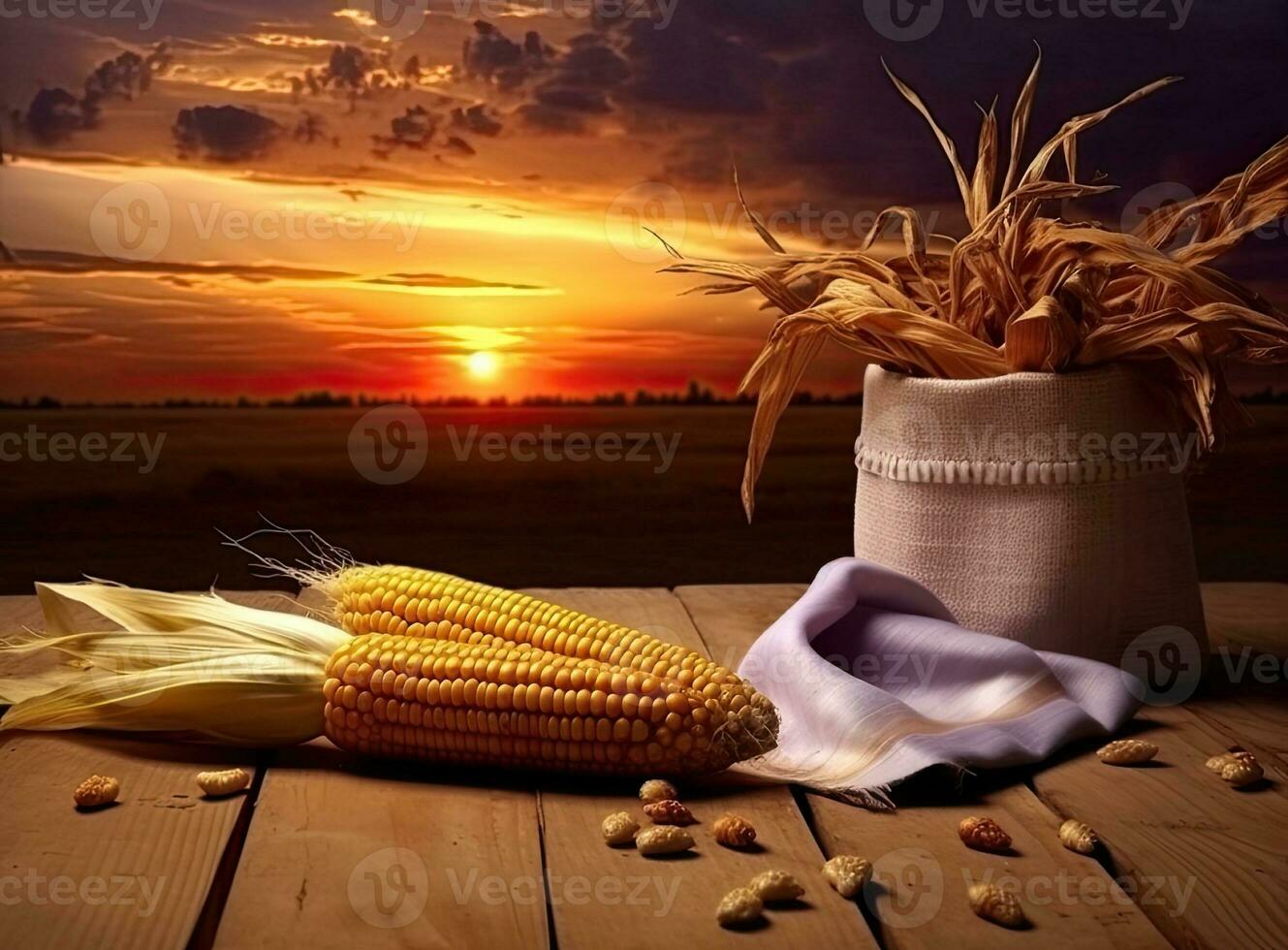 fresh corn cobs and dry seeds in bag on wooden table with green maize field on the background. Agriculture and harvest concept. Sunset or dawn. photo