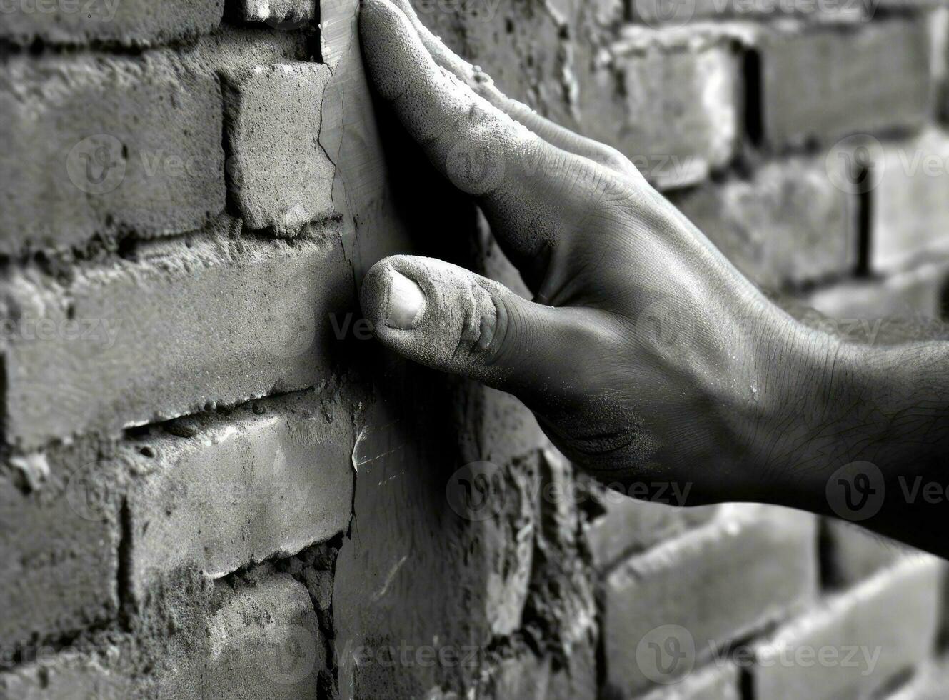 Close up of industrial bricklayer installing bricks on construction site. Created with Generative AI technology. photo