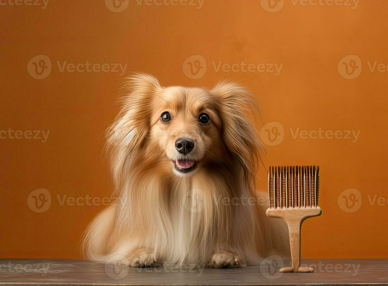 Owner brushing cute dog on light background. Created with Generative AI technology. photo