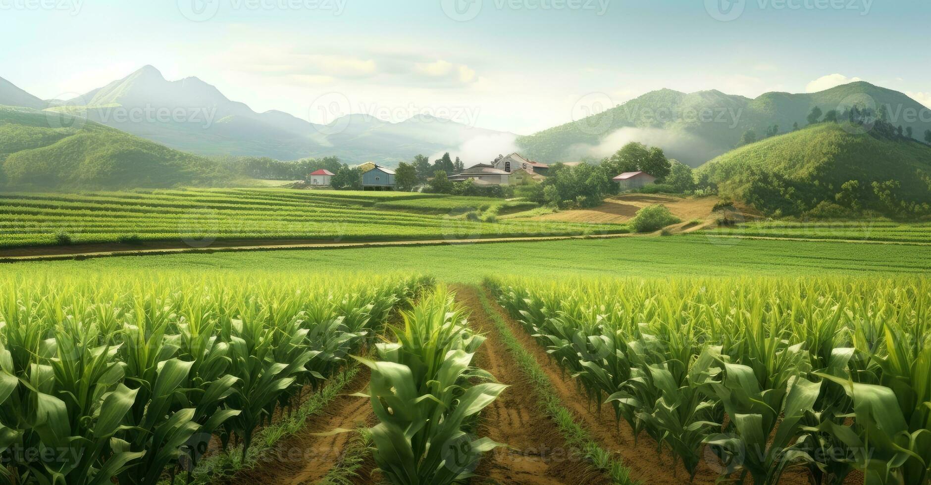 Corn cobs in corn plantation field. Created with Generative AI technology. photo