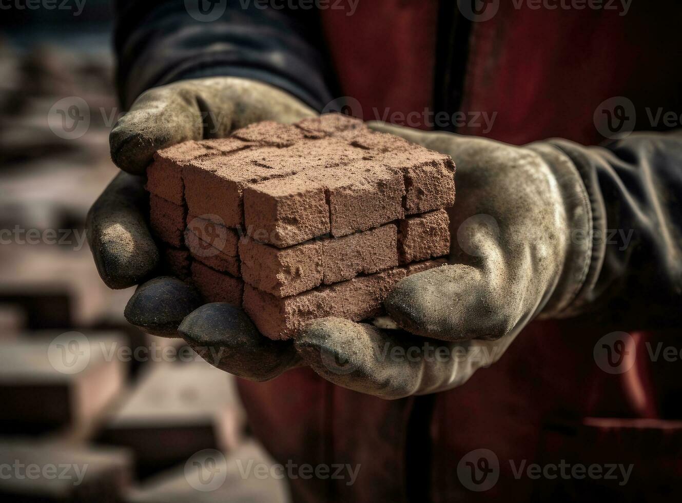 Close up of industrial bricklayer installing bricks on construction site. Created with Generative AI technology. photo