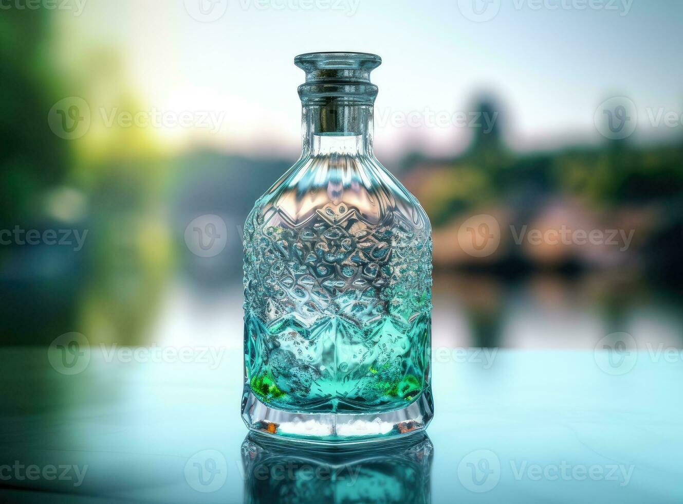 water from jug pouring into glass on wooden table outdoors. Created with Generative AI technology. photo