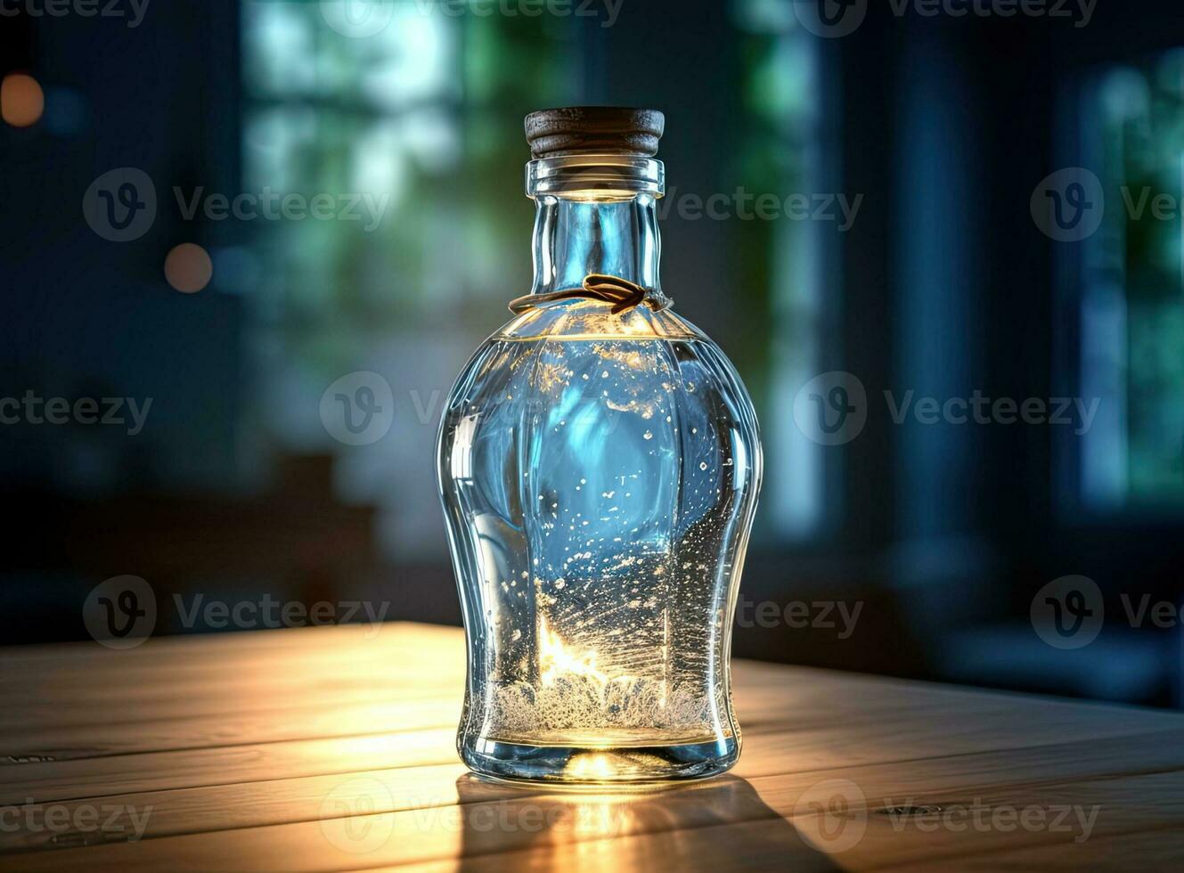water from jug pouring into glass on wooden table outdoors. Created with Generative AI technology. photo