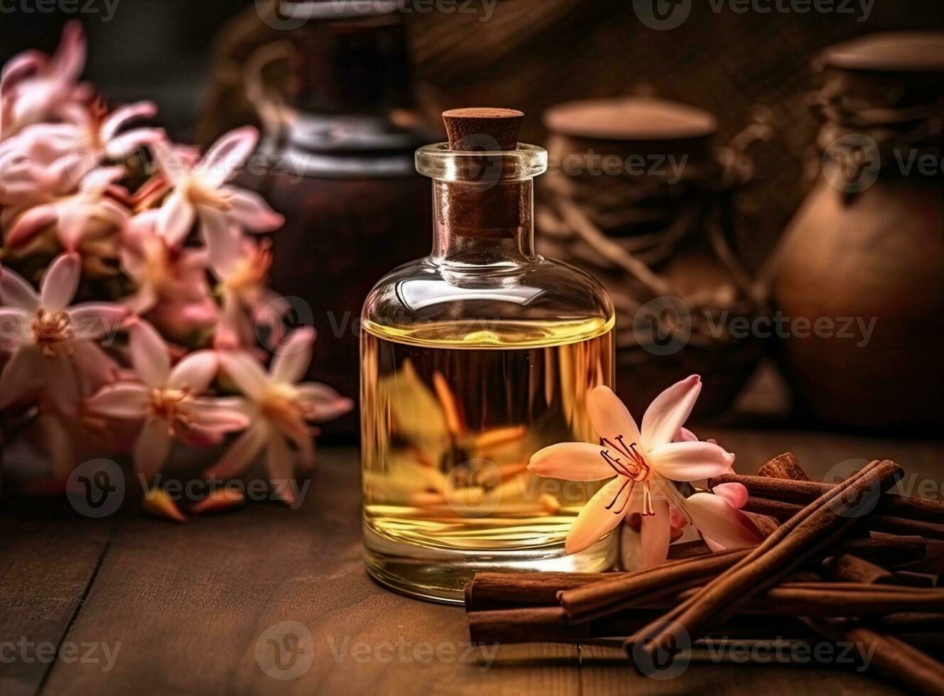 Aromatic homemade vanilla extract on wooden table, closeup. Space for text. Created with Generative AI technology. photo