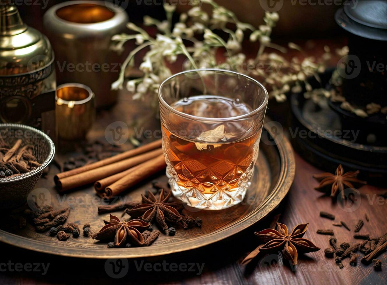Aromatic homemade vanilla extract on wooden table, closeup. Space for text. Created with Generative AI technology. photo
