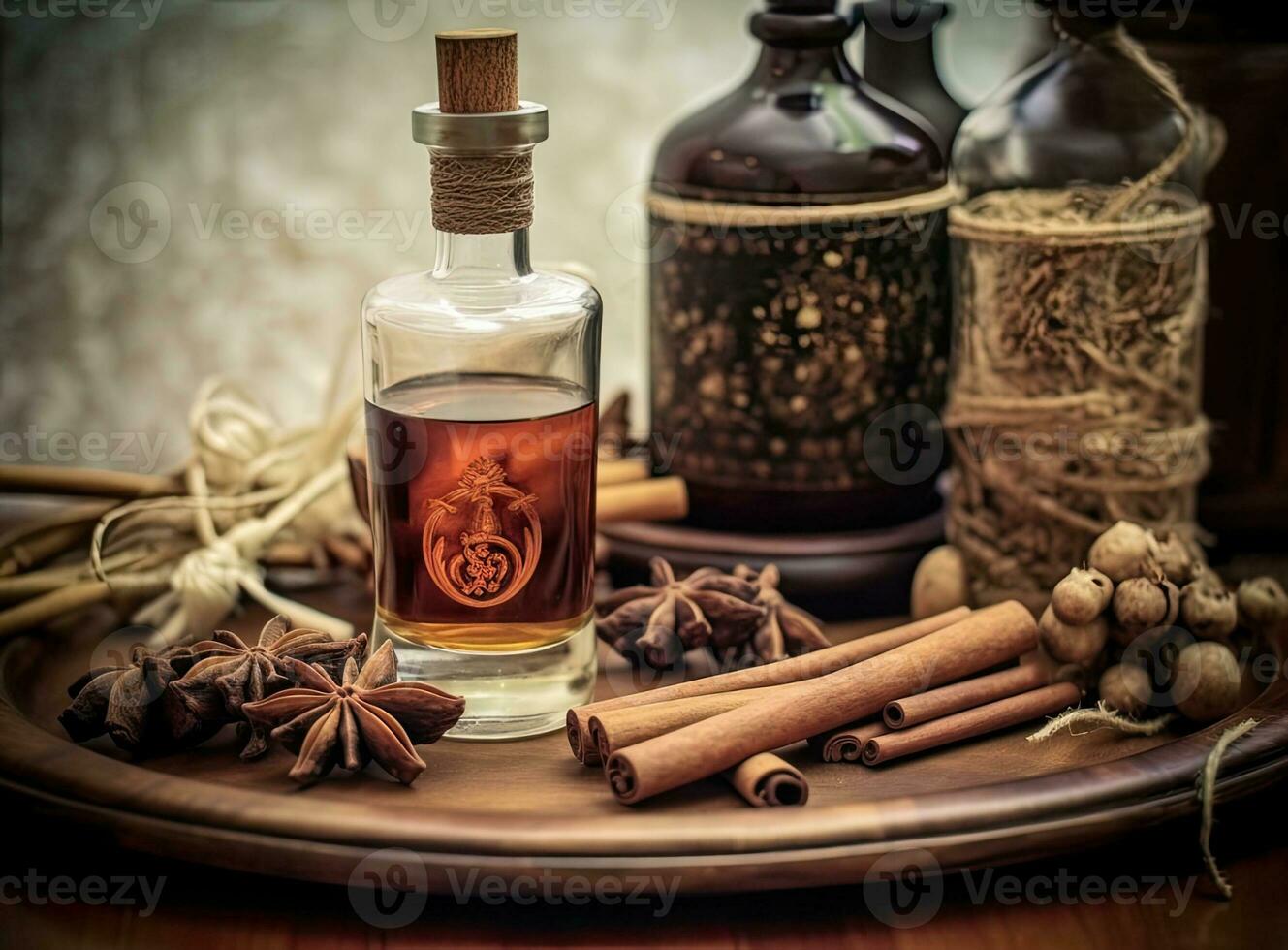Aromatic homemade vanilla extract on wooden table, closeup. Space for text. Created with Generative AI technology. photo