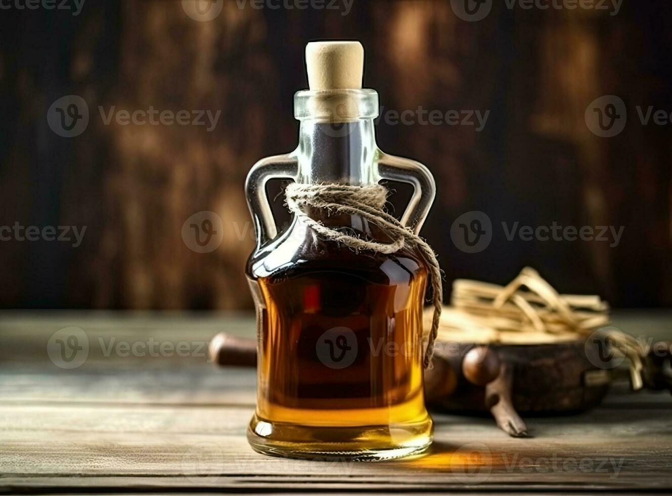 Aromatic homemade vanilla extract on wooden table, closeup. Space for text. Created with Generative AI technology. photo