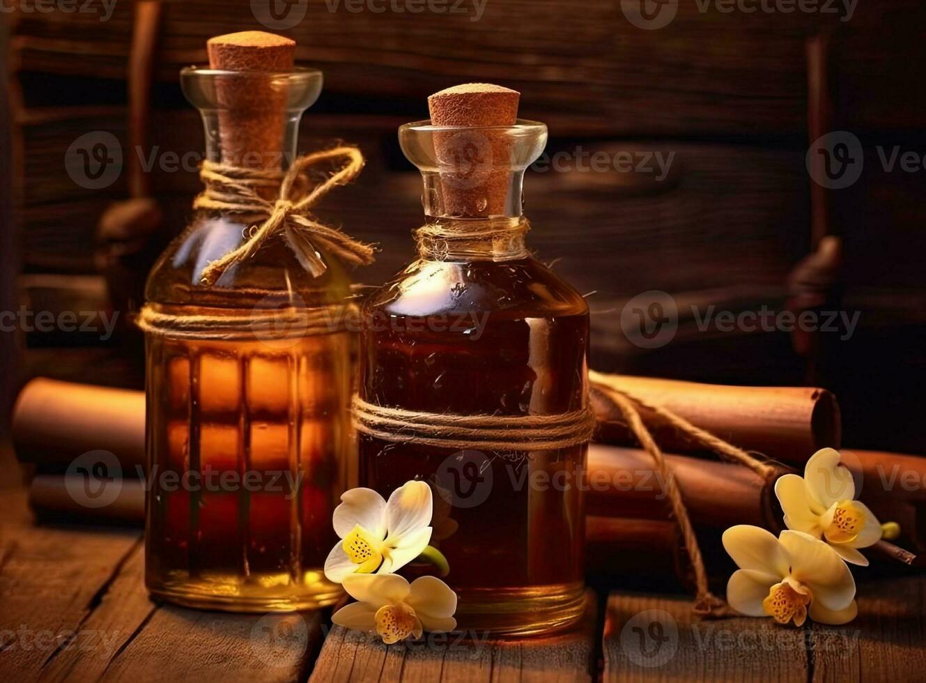Aromatic homemade vanilla extract on wooden table, closeup. Space for text. Created with Generative AI technology. photo
