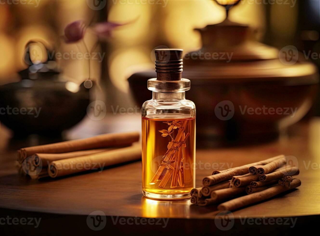 Aromatic homemade vanilla extract on wooden table, closeup. Space for text. Created with Generative AI technology. photo