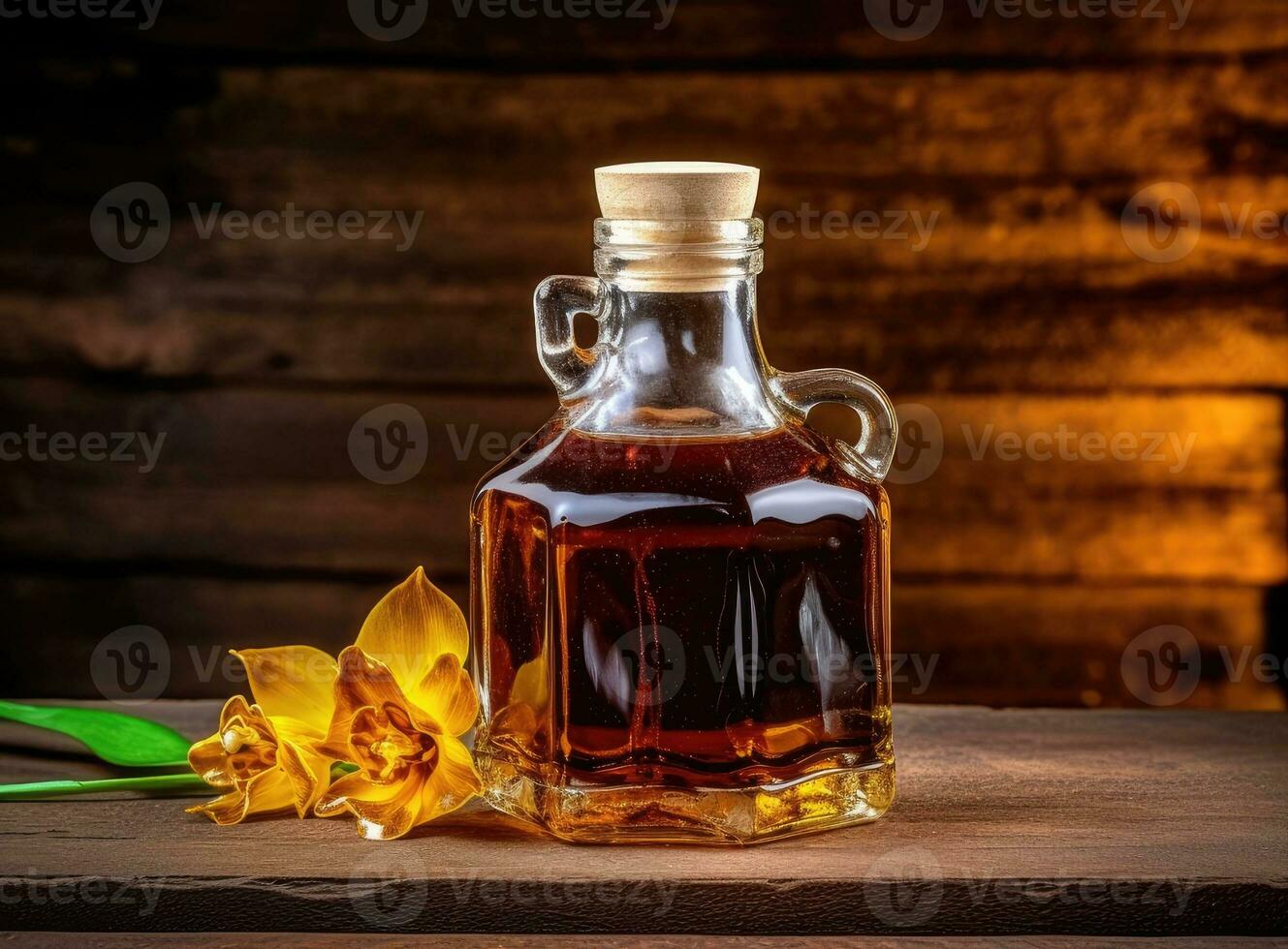 Aromatic homemade vanilla extract on wooden table, closeup. Space for text. Created with Generative AI technology. photo