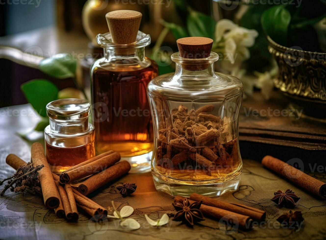 Aromatic homemade vanilla extract on wooden table, closeup. Space for text. Created with Generative AI technology. photo