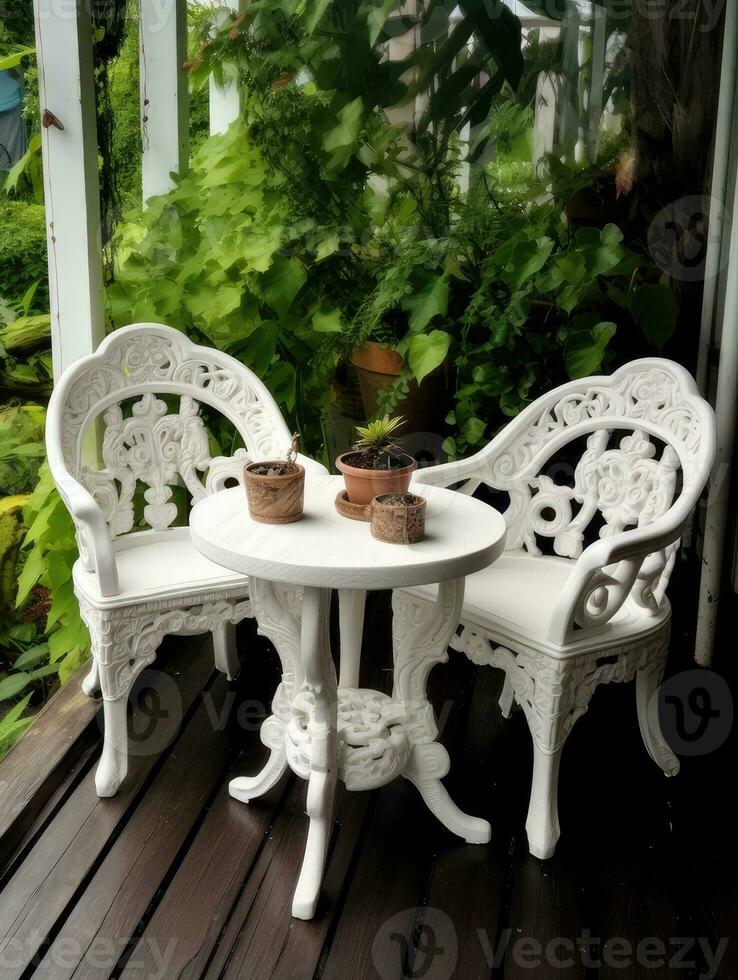 Garden white chairs and a table with flowers against the backdrop of greenery and the building. Created with Generative AI technology. photo