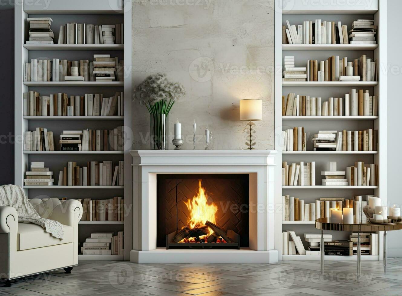 Wicker baskets with firewood and white fireplace in cozy living room. Created with Generative AI technology. photo
