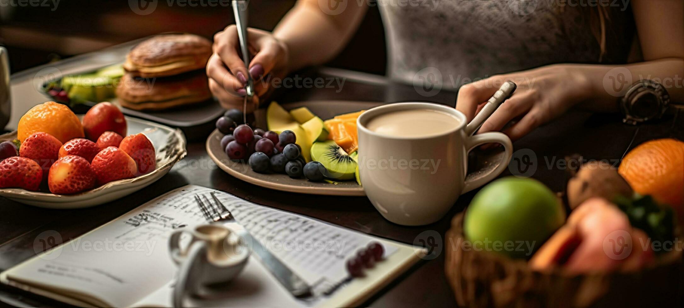 young female planning menu to eat ketogenic diet during weight loss program. Created with Generative AI technology. photo