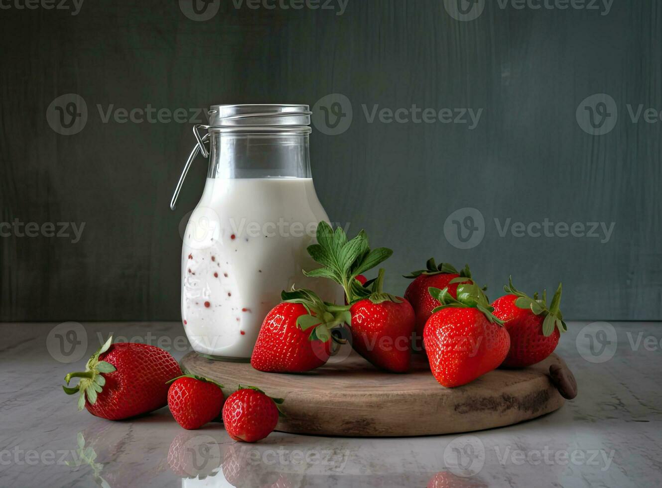 Healthy Organic Drinkable Yogurt Kefir in a Glass. Close-up shot on a full glass of white Kefir enriched with some mint leaves. Created with Generative AI technology. photo