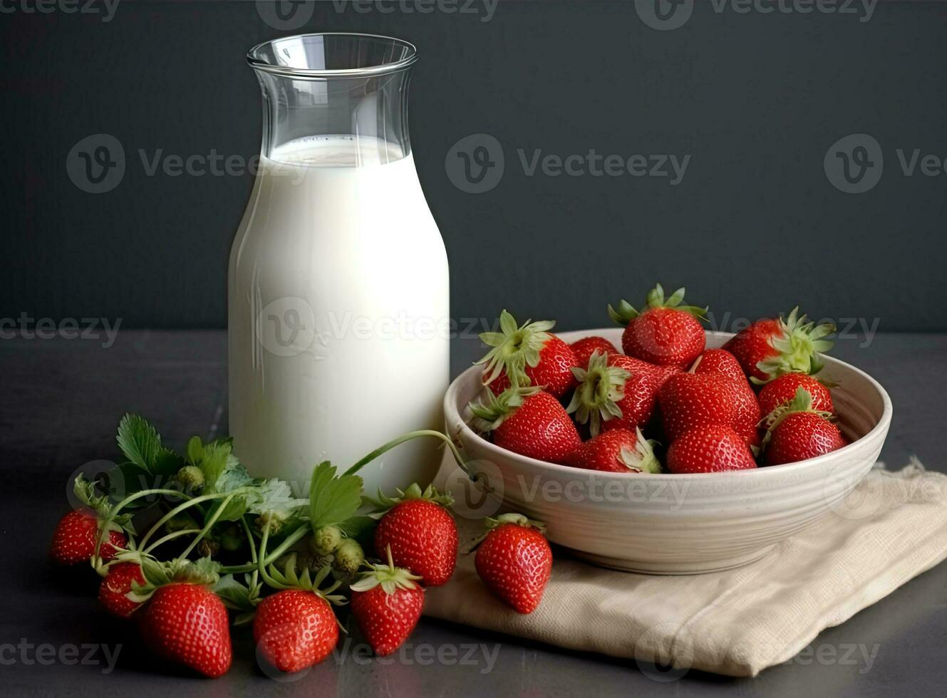 Healthy Organic Drinkable Yogurt Kefir in a Glass. Close-up shot on a full glass of white Kefir enriched with some mint leaves. Created with Generative AI technology. photo
