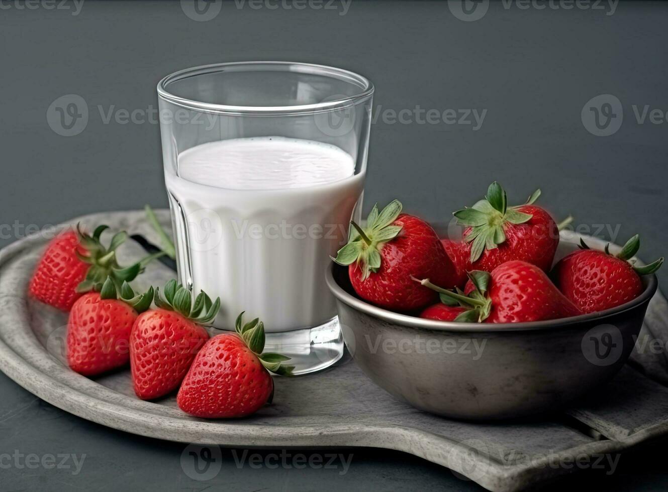 Healthy Organic Drinkable Yogurt Kefir in a Glass. Close-up shot on a full glass of white Kefir enriched with some mint leaves. Created with Generative AI technology. photo