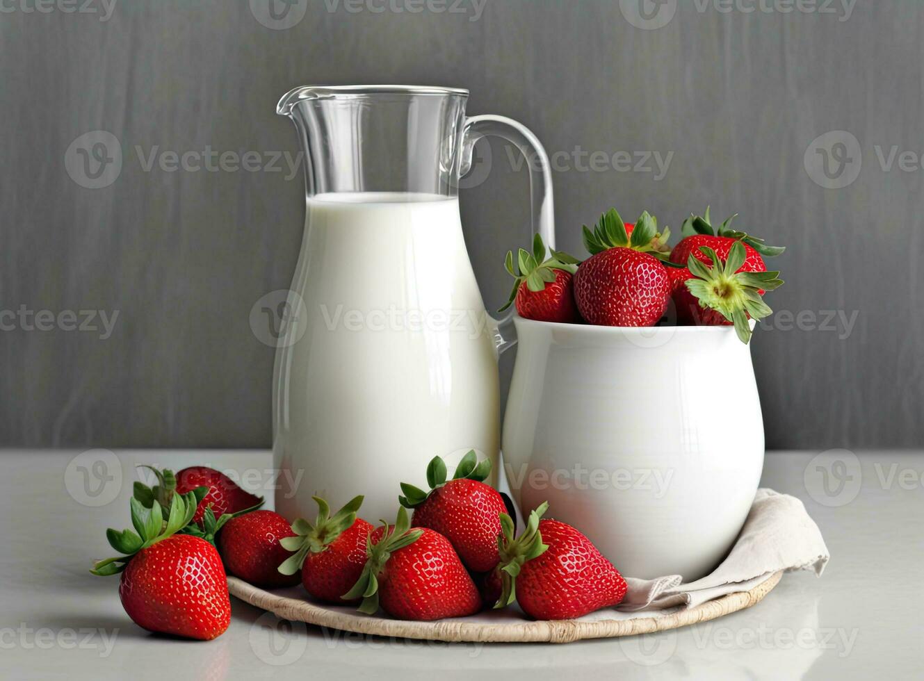Healthy Organic Drinkable Yogurt Kefir in a Glass. Close-up shot on a full glass of white Kefir enriched with some mint leaves. Created with Generative AI technology. photo