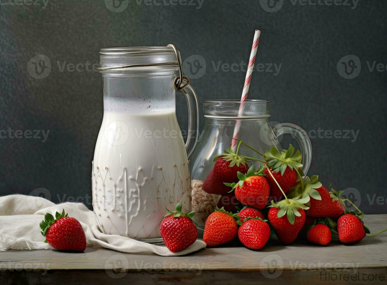 Healthy Organic Drinkable Yogurt Kefir in a Glass. Close-up shot on a full glass of white Kefir enriched with some mint leaves. Created with Generative AI technology. photo