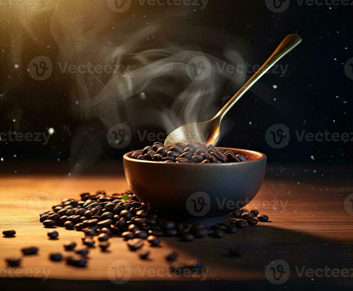 Steaming roasted coffee beans in a spoon on a black background. Created with Generative AI technology. photo