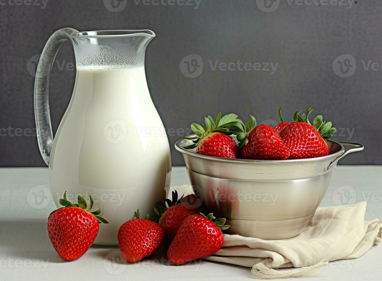 Healthy Organic Drinkable Yogurt Kefir in a Glass. Close-up shot on a full glass of white Kefir enriched with some mint leaves. Created with Generative AI technology. photo
