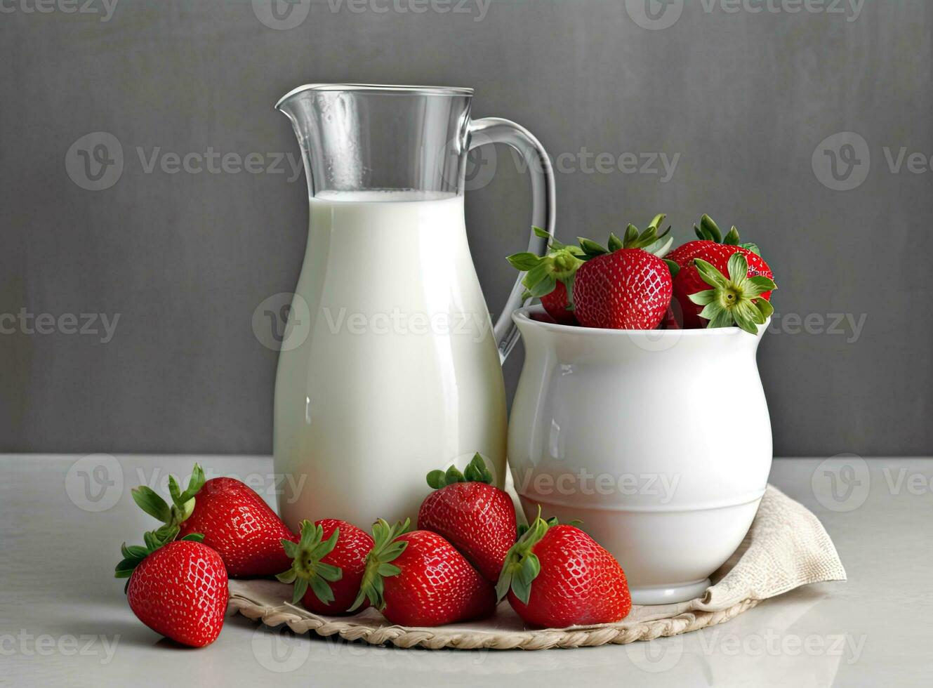 Healthy Organic Drinkable Yogurt Kefir in a Glass. Close-up shot on a full glass of white Kefir enriched with some mint leaves. Created with Generative AI technology. photo