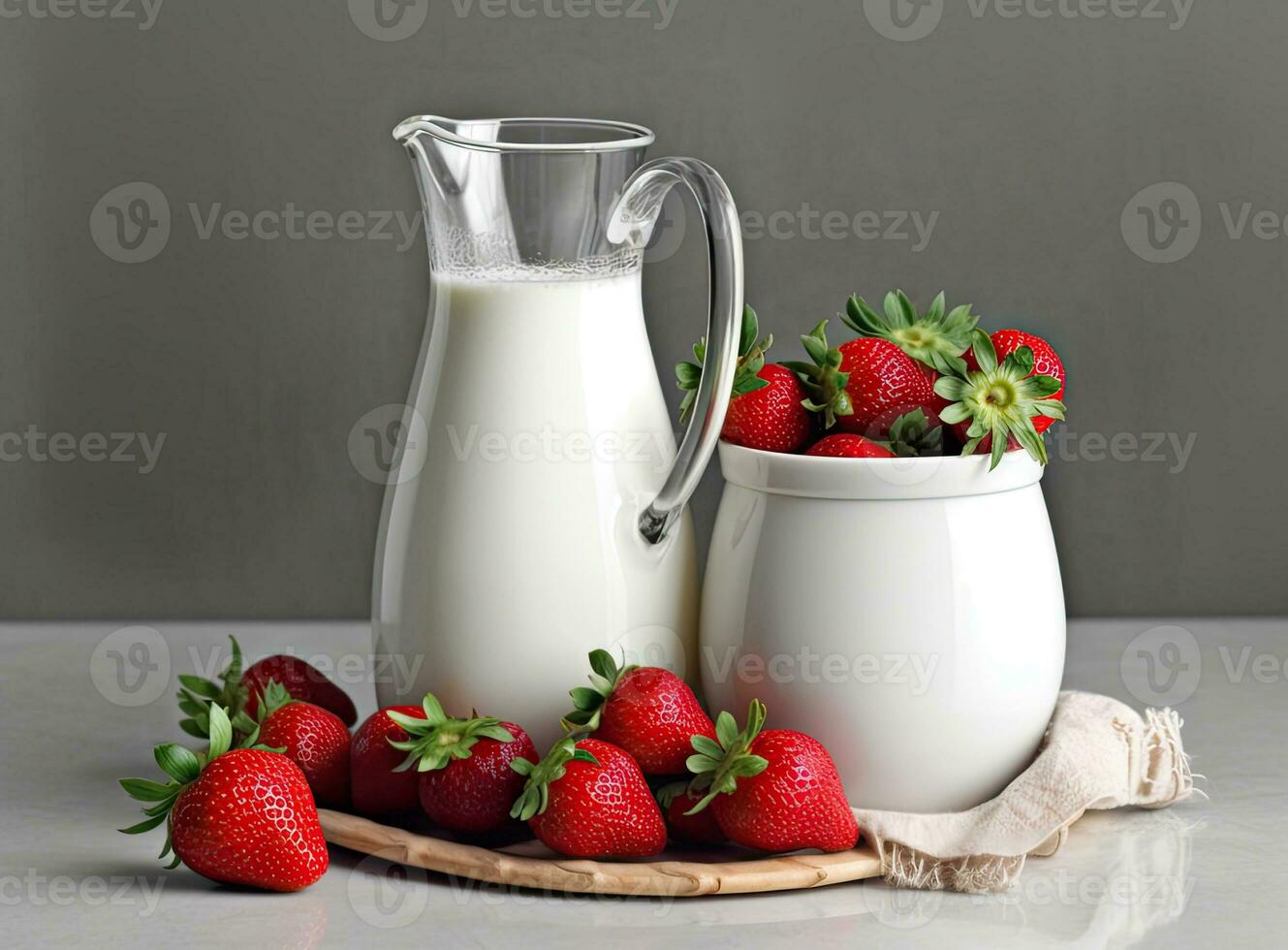 Healthy Organic Drinkable Yogurt Kefir in a Glass. Close-up shot on a full glass of white Kefir enriched with some mint leaves. Created with Generative AI technology. photo