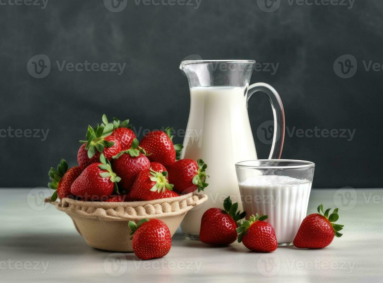 Healthy Organic Drinkable Yogurt Kefir in a Glass. Close-up shot on a full glass of white Kefir enriched with some mint leaves. Created with Generative AI technology. photo