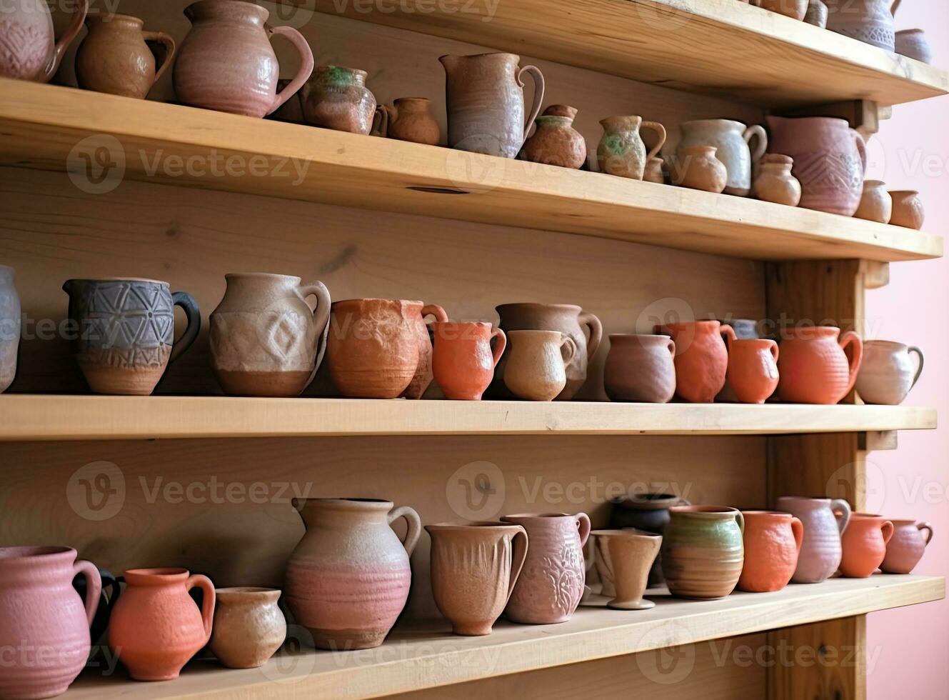 Pottery backgrounds, ceramics and shelf in studio, creative store or manufacturing startup. Clay products, collection and display in workshop, small business Created with Generative AI technology. photo