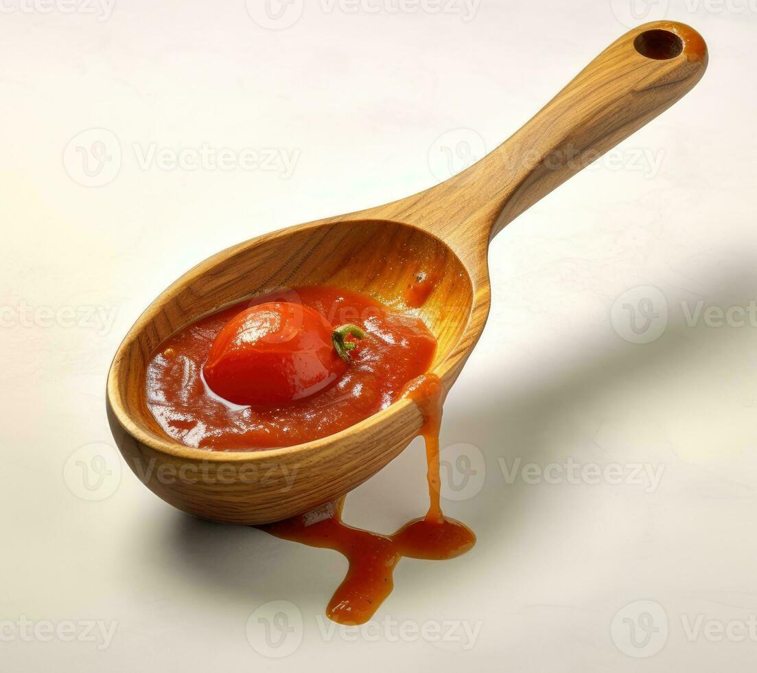 Close up of ketchup and tomatoes placed on a wooden background. Scoop ketchup with a spoon. Created with Generative AI technology. photo