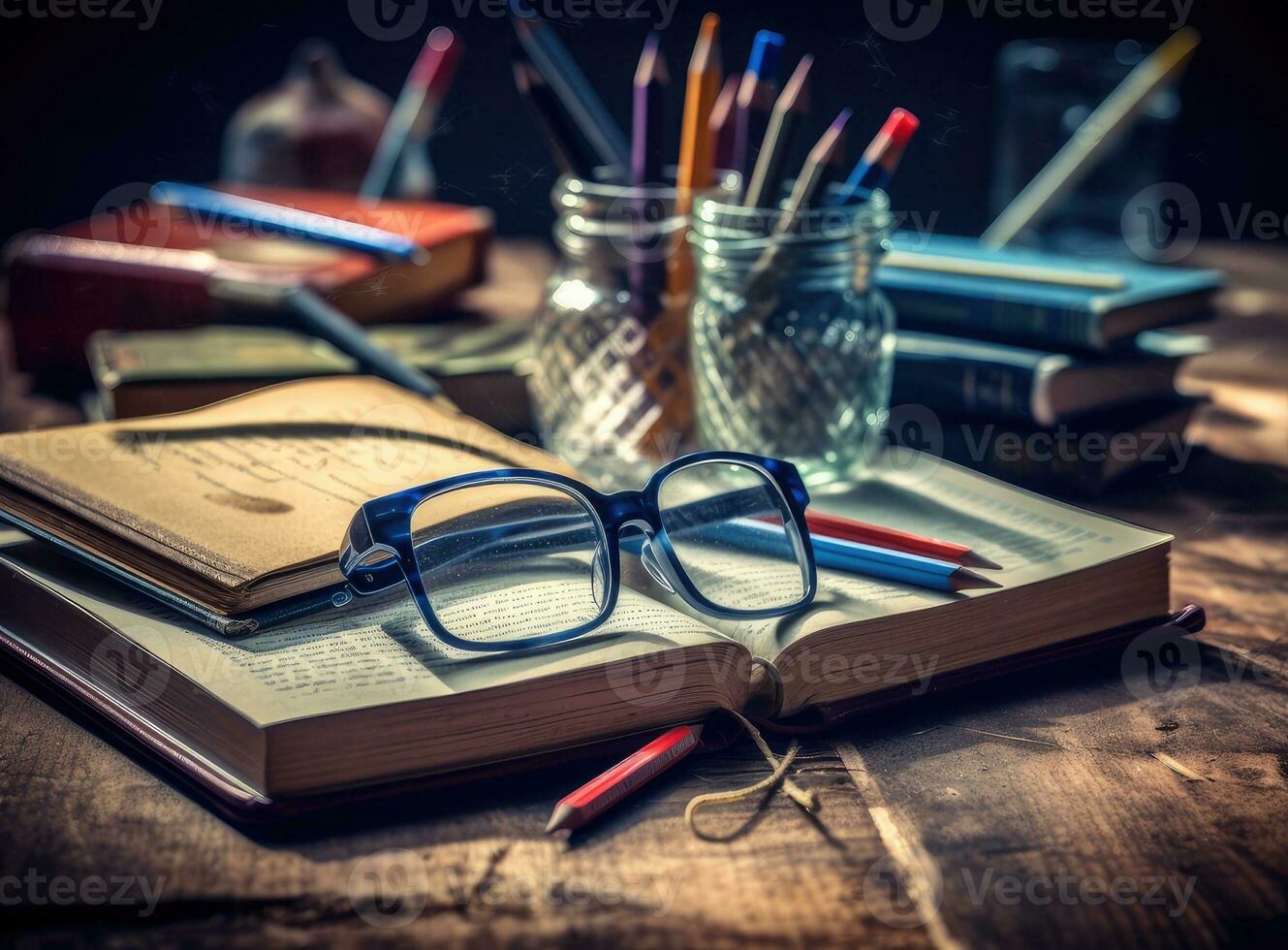 Glasses teacher books and a stand with pencils on the table, on the background of a blackboard with chalk. The concept of the teacher's day. Copy space. Created with Generative AI technology. photo
