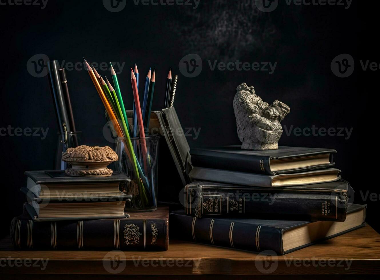 Glasses teacher books and a stand with pencils on the table, on the background of a blackboard with chalk. The concept of the teacher's day. Copy space. Created with Generative AI technology. photo