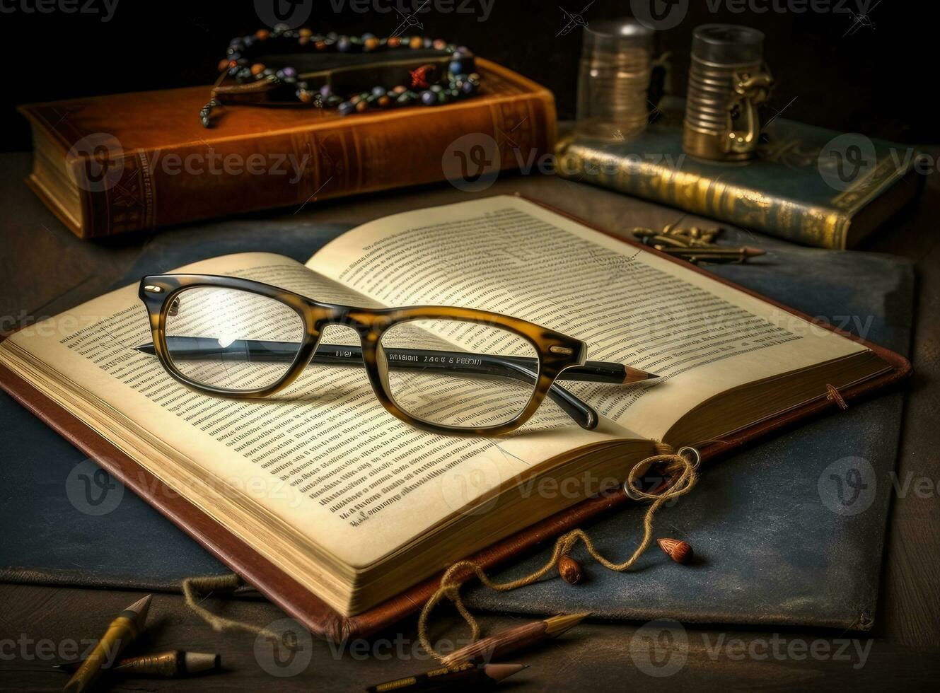 Glasses teacher books and a stand with pencils on the table, on the background of a blackboard with chalk. The concept of the teacher's day. Copy space. Created with Generative AI technology. photo