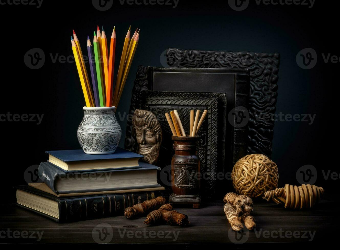 Glasses teacher books and a stand with pencils on the table, on the background of a blackboard with chalk. The concept of the teacher's day. Copy space. Created with Generative AI technology. photo