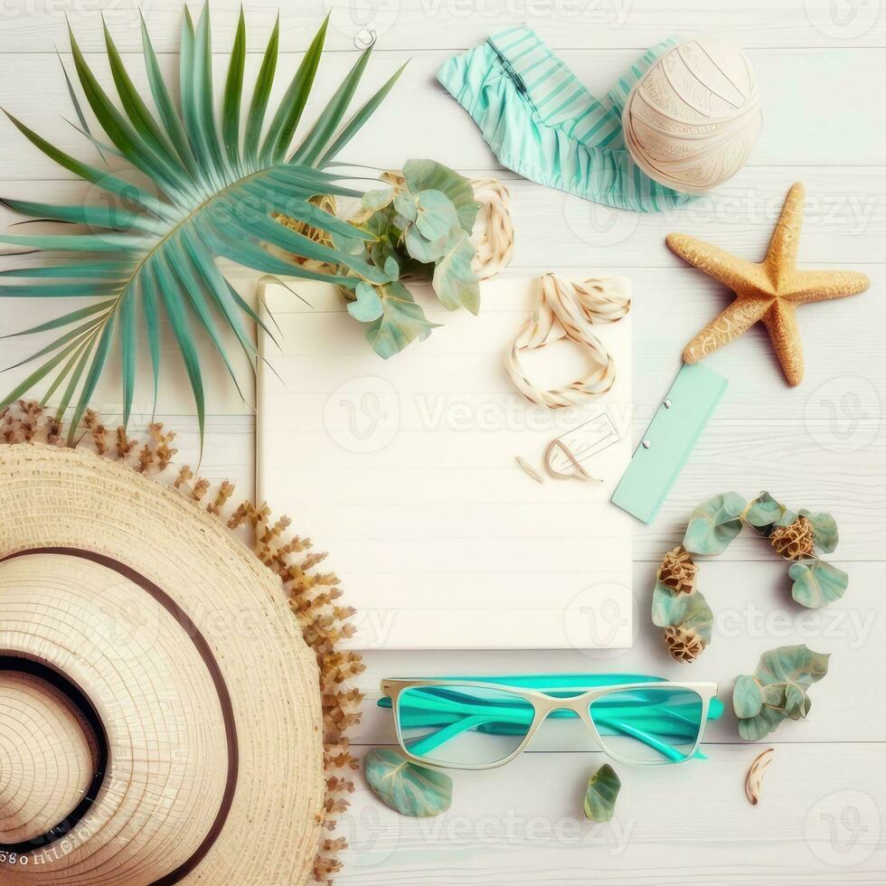 Top view of beach summer accessories with copy space. Lay flat holiday fashion background on white wooden table . Horizontal frame for spa or wellness concept. Created with Generative AI technology. photo