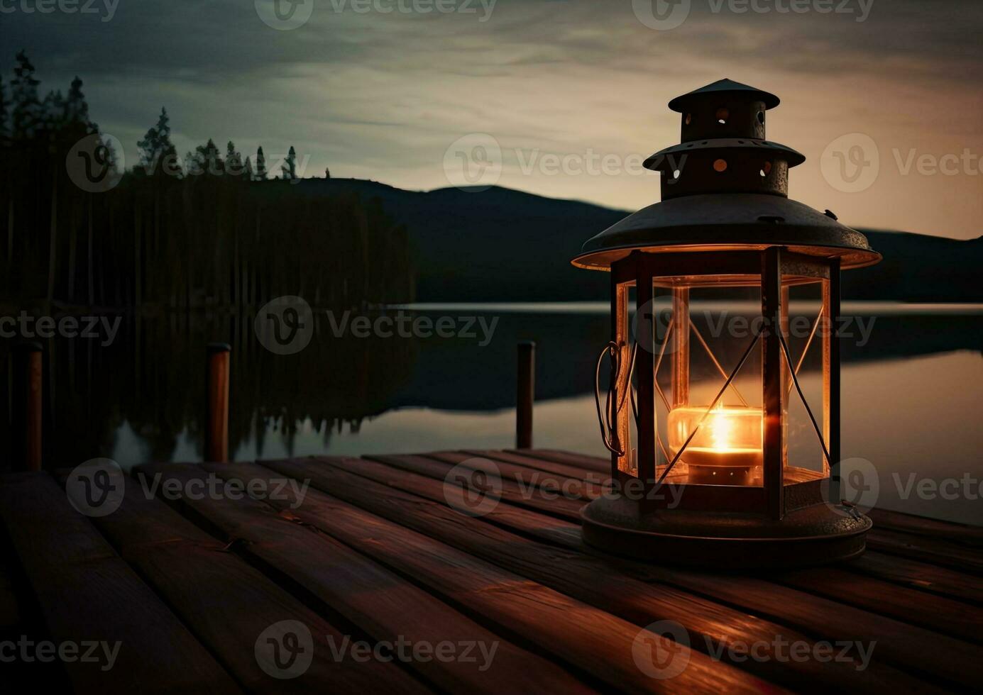 Old kerosene lantern with warm yellow light on a bridge by a lake in the evening. Burning lantern on a stone in the moonlight. The light of the sun reflecting Created with Generative AI technology. photo