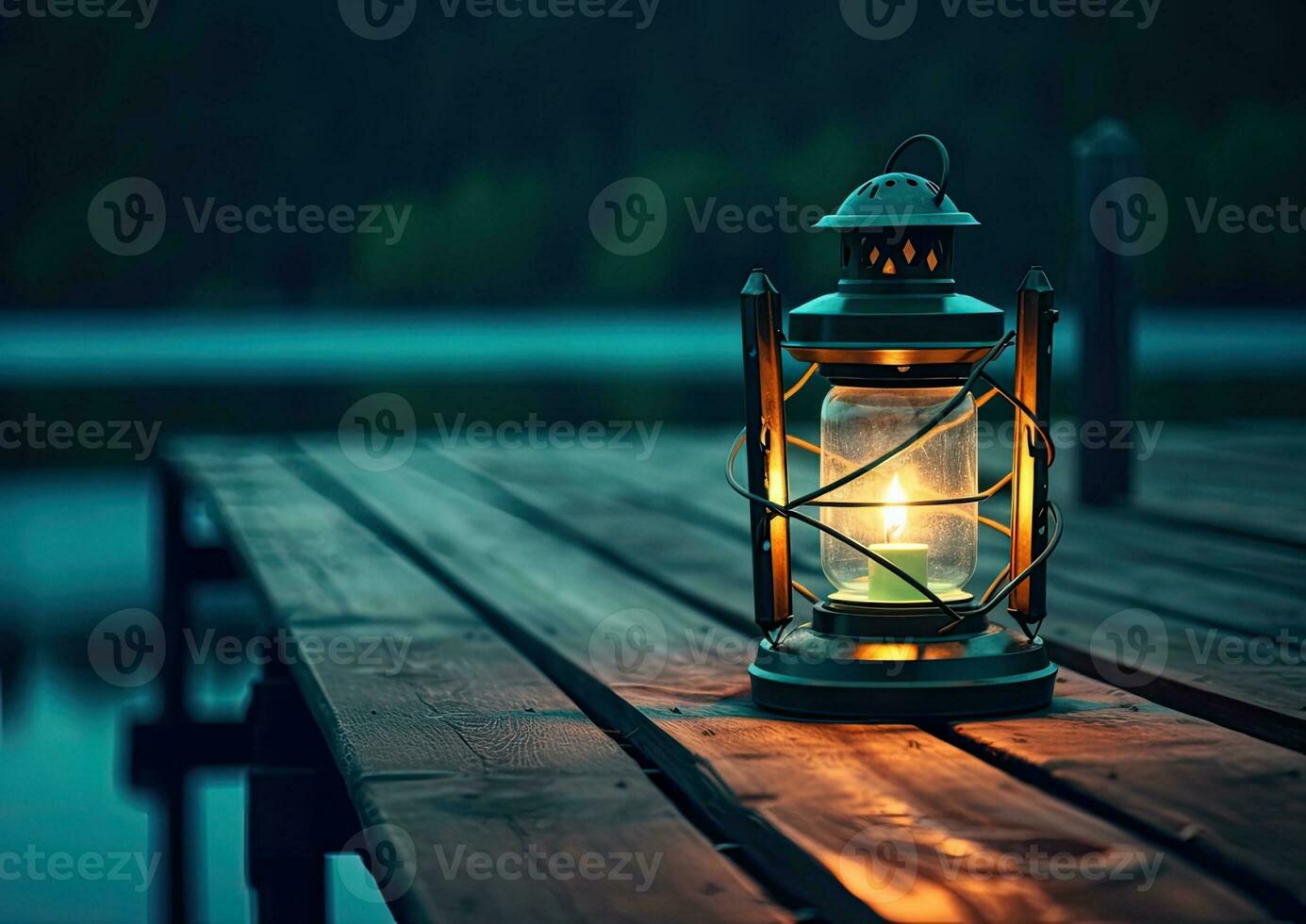 Old kerosene lantern with warm yellow light on a bridge by a lake in the evening. Burning lantern on a stone in the moonlight. The light of the sun reflecting Created with Generative AI technology. photo