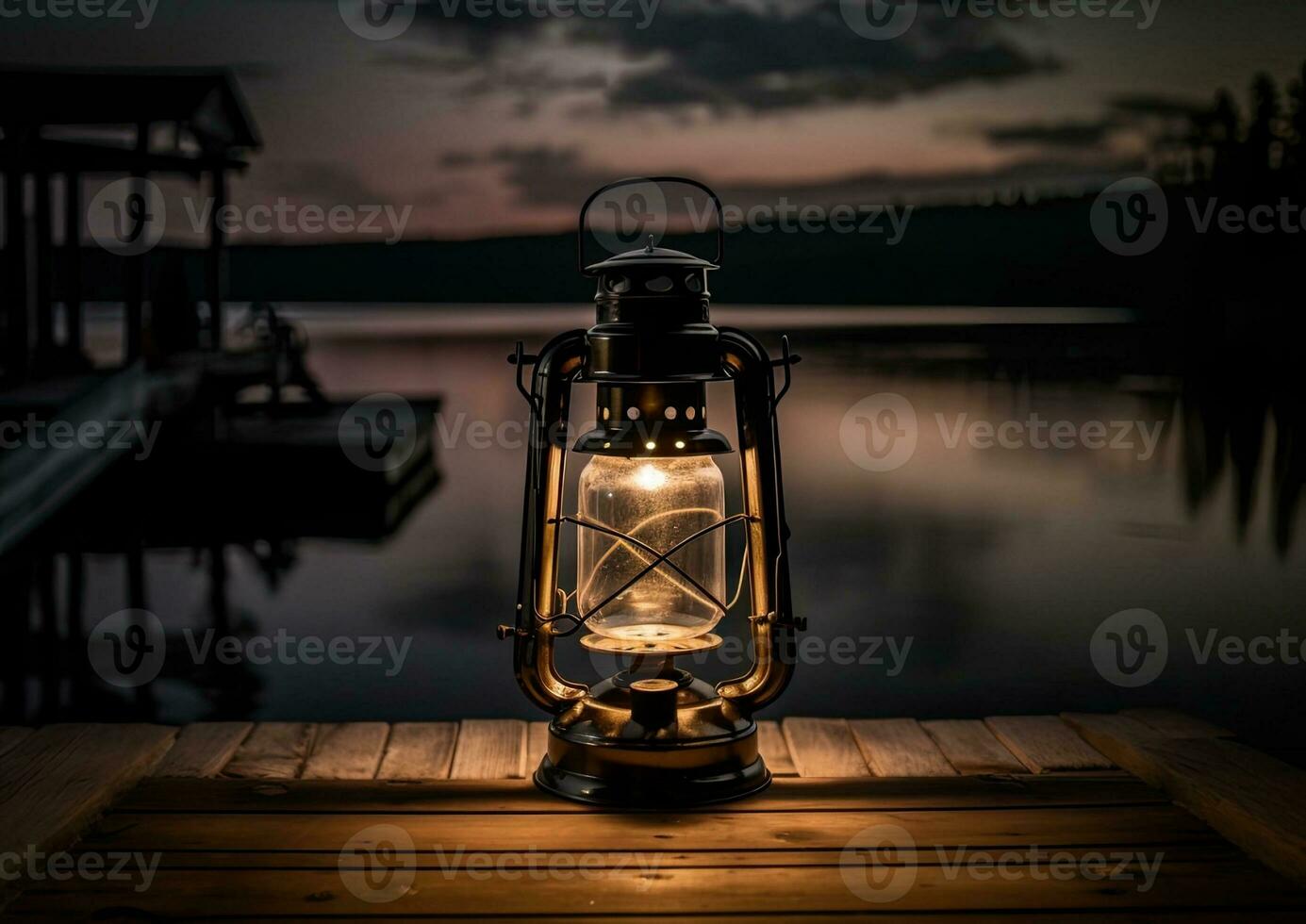 Old kerosene lantern with warm yellow light on a bridge by a lake in the evening. Burning lantern on a stone in the moonlight. The light of the sun reflecting Created with Generative AI technology. photo
