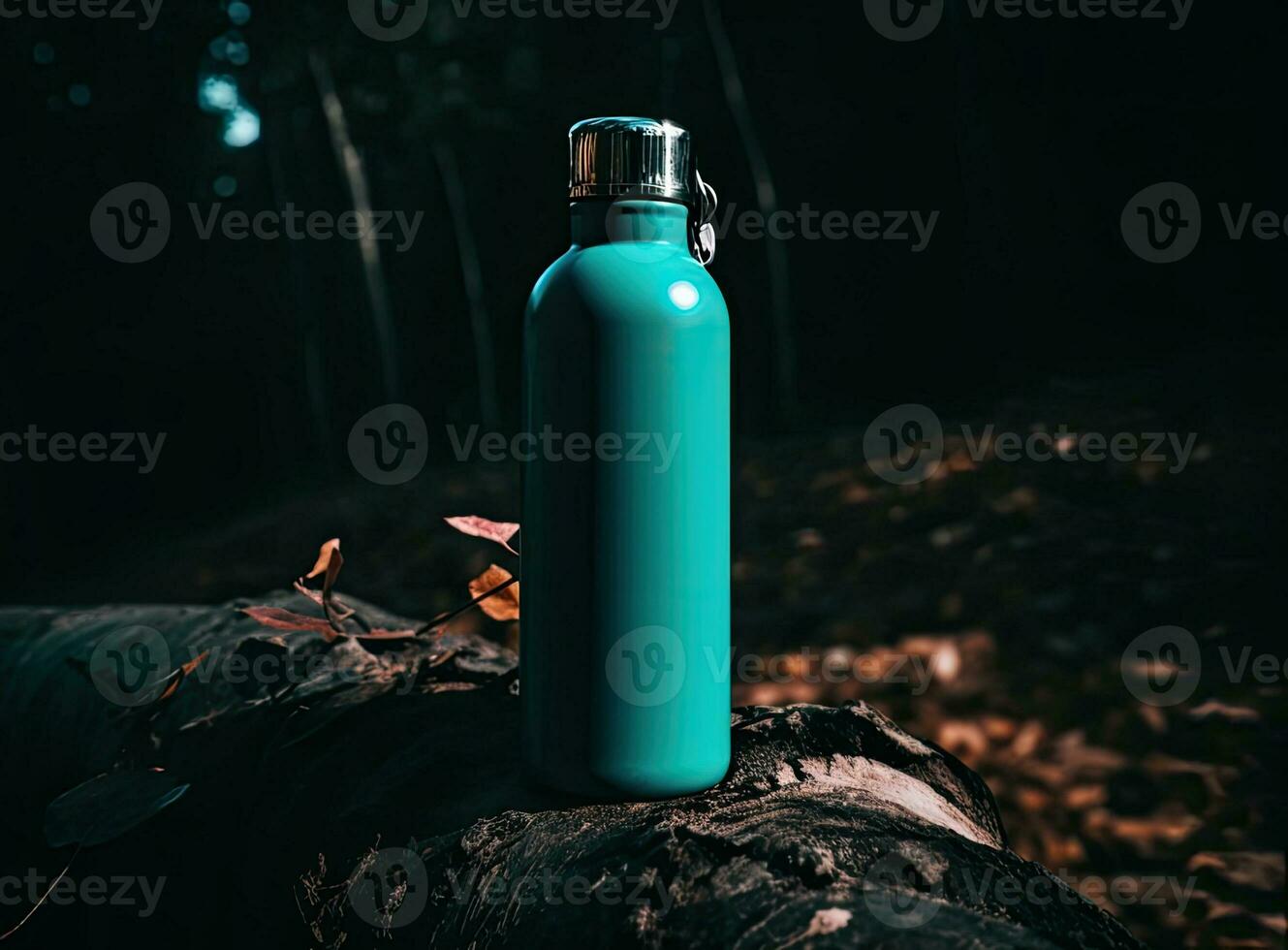 Thermos and aluminum hot drink mug with rising steam outdoors. Camping vacuum flask and iron cup standing on tree stump in rainy, cold weather. Created with Generative AI technology. photo