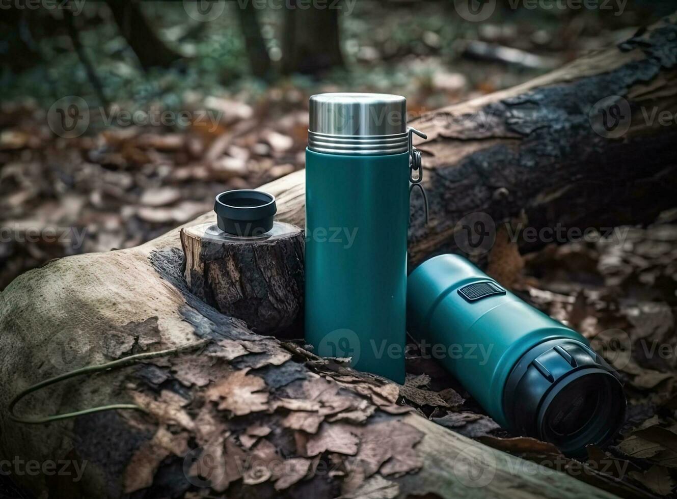 https://static.vecteezy.com/system/resources/previews/026/954/292/non_2x/thermos-and-aluminum-hot-drink-mug-with-rising-steam-outdoors-camping-vacuum-flask-and-iron-cup-standing-on-tree-stump-in-rainy-cold-weather-created-with-generative-ai-technology-photo.jpeg