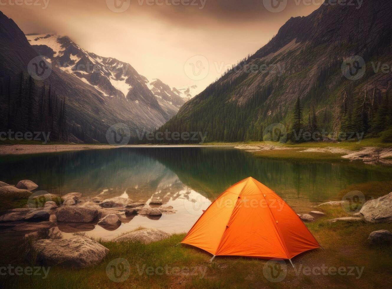 tourist lit tent by the lake at sunset. Dramatic sky. Orange lit inside the tent and a fire over the misty river at sunset. Dramatic sunset. Summer landscape. Created with Generative AI technology. photo