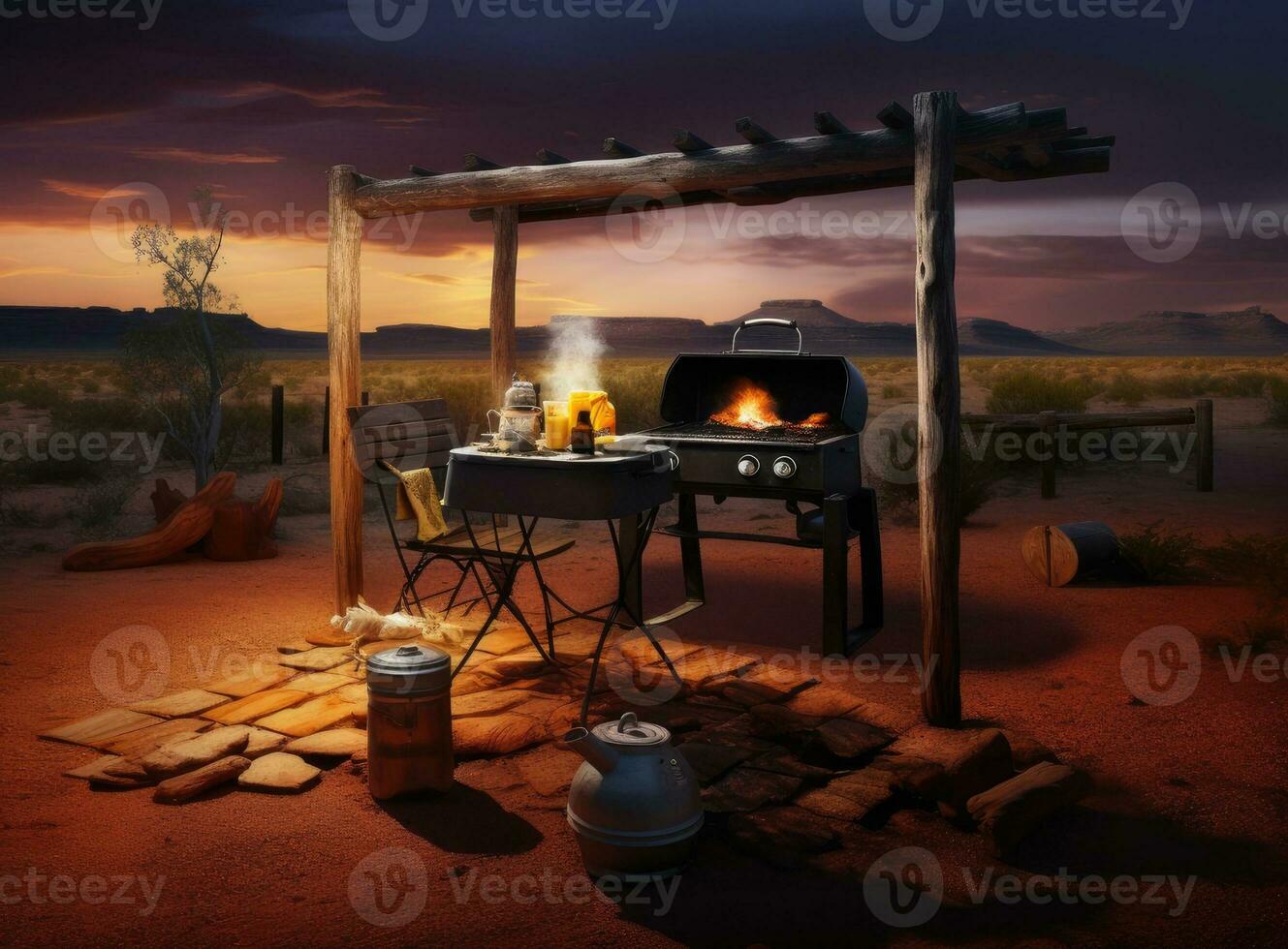 Travel and camping at natural park. Family outdoor activity and journey lifestyle on holiday.  Clean camping site in top of the mountain at the sunset. Created with Generative AI technology. photo
