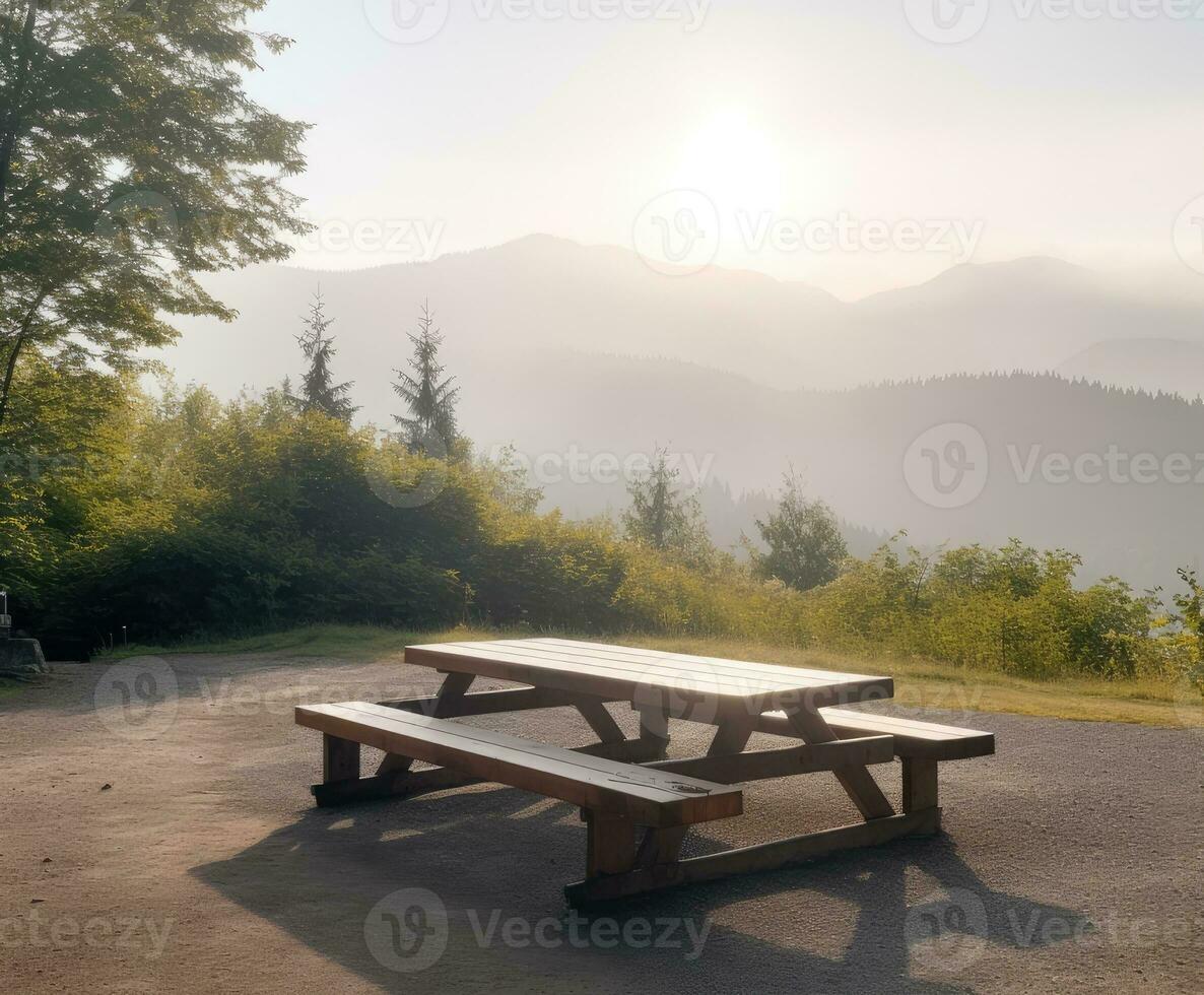 Travel and camping at natural park.  lifestyle on holiday. Good morning and fresh start of the day. Clean camping site in top of the mountain at the sunset. Created with Generative AI technology. photo