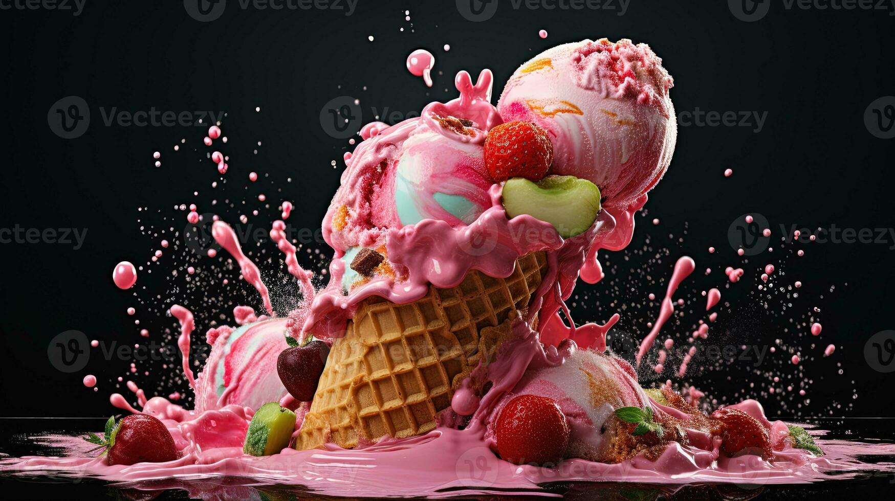 Ice cream with cone and swirl splash, generated by AI photo